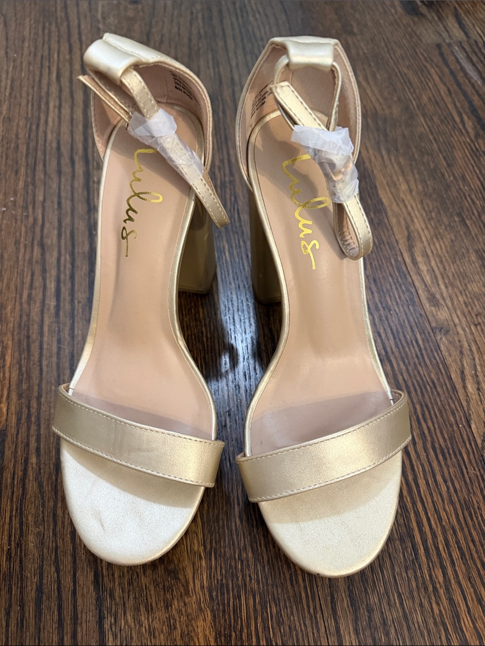 Lulu's Metallic Gold Block Heel Sandals 7.5